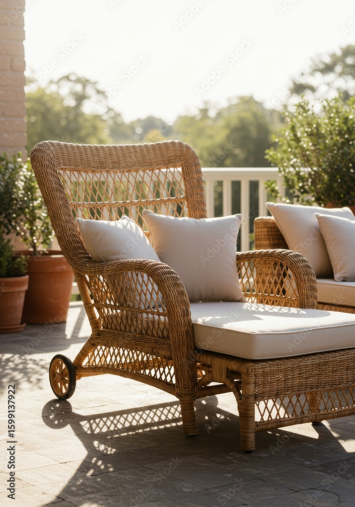 Fototapeta premium Beige Wicker Chaise Lounge on Patio with Warm Sunlight