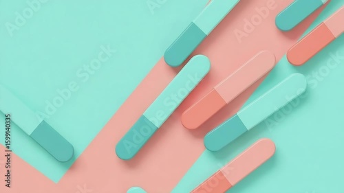 Teal and coral colored oval shapes arranged on a teal and pink background