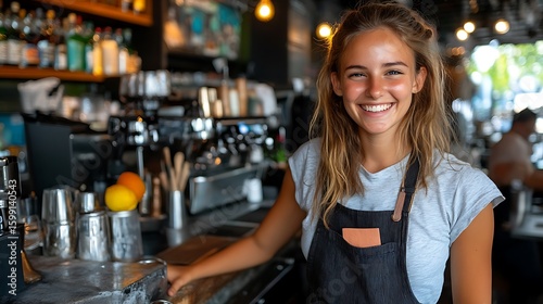 A friendly cafe worker stands smiling at the counter.