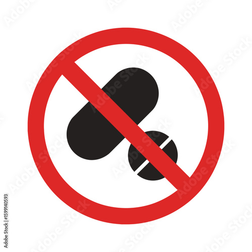 No pills or medication allowed sign with red circle and diagonal line