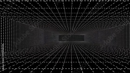 Wireframe tunnel with dot patterns receding into darkness