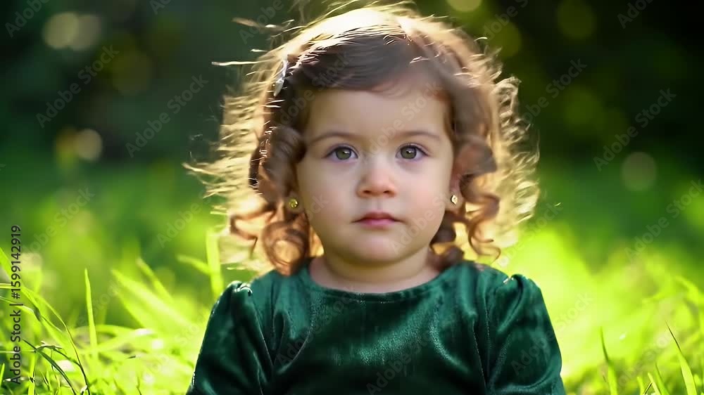 Adorable Girl in Green Velvet Dress with Curly Hair in Sunny Meadow Setting Adorable Girl in Green Velvet Dress with Curly Hair in Sunny Meadow Setting