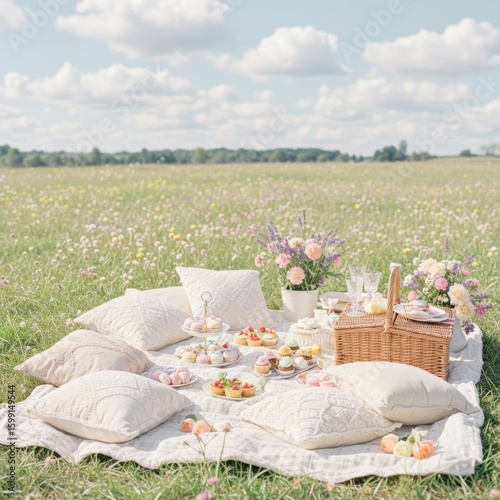 Romantic Spring Picnic in a Flower Field