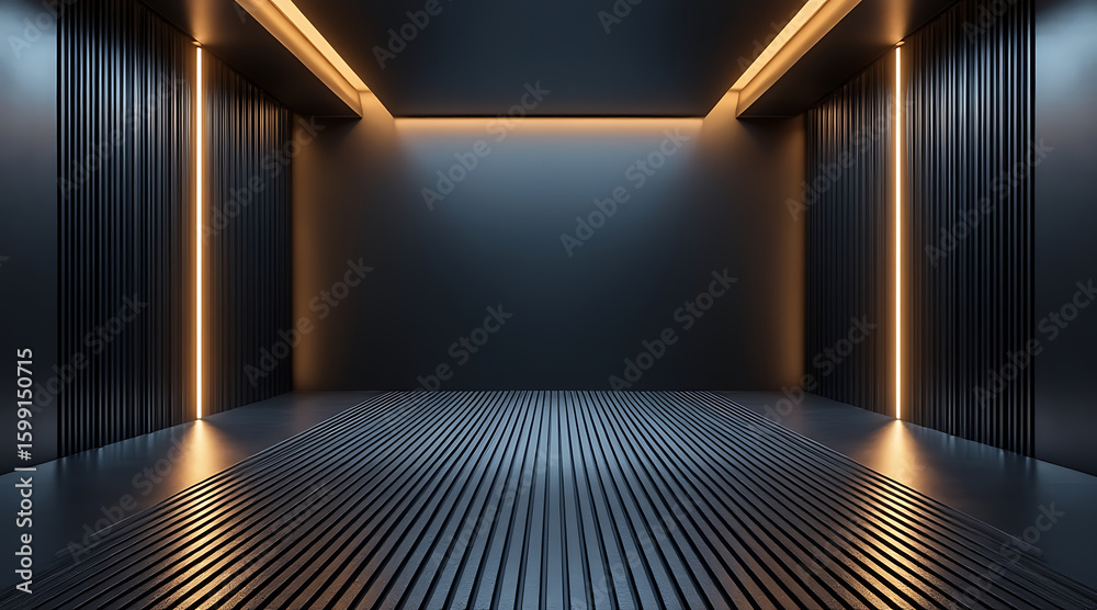 Obraz premium Modern dark hallway with warm orange led lighting and reflective floor