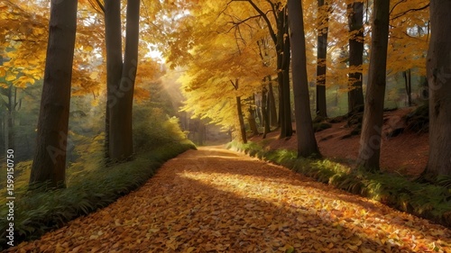 A peaceful forest path covered in autumn leaves, with golden sunlight streaming through the trees 3