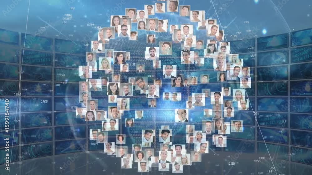 Headshot images converging into rotating sphere across panels showing virtual network connections