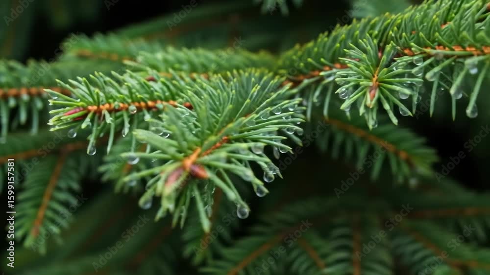 Close-up of vibrant green pine needles with water droplets, a tranquil nature scene. Close-up of vibrant green pine needles with water droplets, a tranquil nature scene.