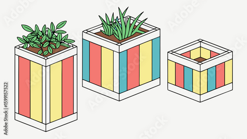 Three colorful wooden planters with plants and soil