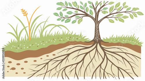 Illustration of a tree with visible roots and underground soil layers