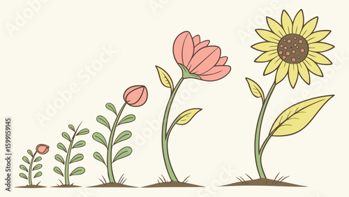 Flower growth stages from bud to full bloom and sunflower