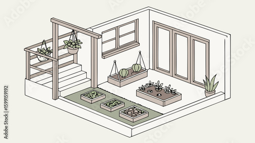 Isometric view of a modern balcony garden with plants