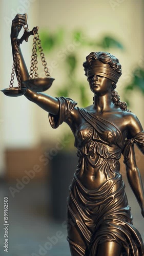 A bronze lady justice statue with scales and a blindfold in front of a green leafy background indoors