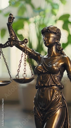 A bronze lady justice statue with scales and a blindfold in front of a green leafy background indoors
