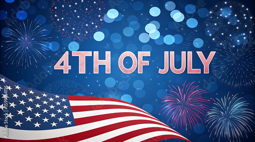 American flag waving with fireworks and bokeh lights on fourth of july