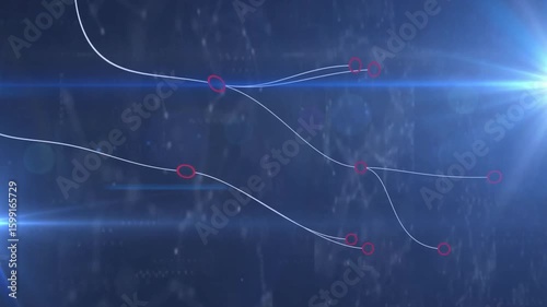 Deep blue stage starting white curve sweeping top-left, branching into nodes network and retracting