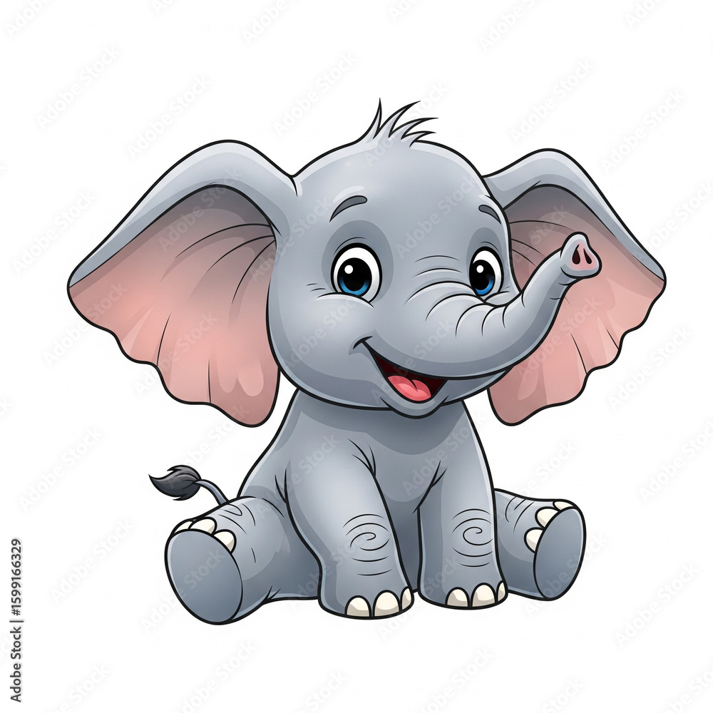 Fototapeta premium Happy cartoon baby elephant with floppy ears and a tiny trunk, sitting playfully, isolated on white