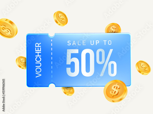 3d elegant blue voucher with golden coins, coupon code, percent off, isolated on background. 3d coupon for cash back event vector illustration. Vector illustration