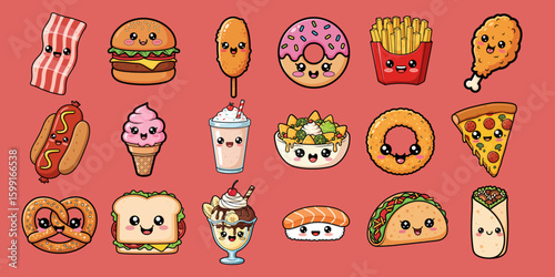 Kawaii fast food adorable  characters set collection. Cute cartoon burguer fries hotdog chicken burrito. Vector illustration hand drawn set
