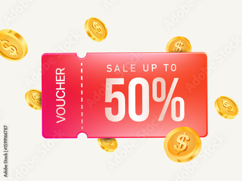 3d elegant red voucher with golden coins, coupon code, percent off, isolated on background. 3d coupon for cash back event vector illustration. Vector illustration