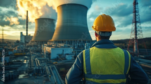 Engineer Surveys the Power Station Landscape, Symbolizing Energy and Infrastructure