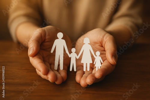 Compassionate hands protecting paper cutout family symbolizing community support and social care services