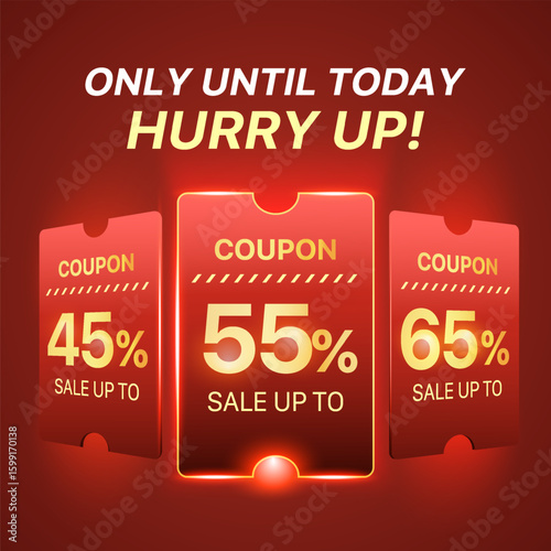 3d red coupon slides in row with coupon code, percent price off, isolated on red background with light effect. Gift voucher carousel for grand discount banner template in 3d vector. Vector
