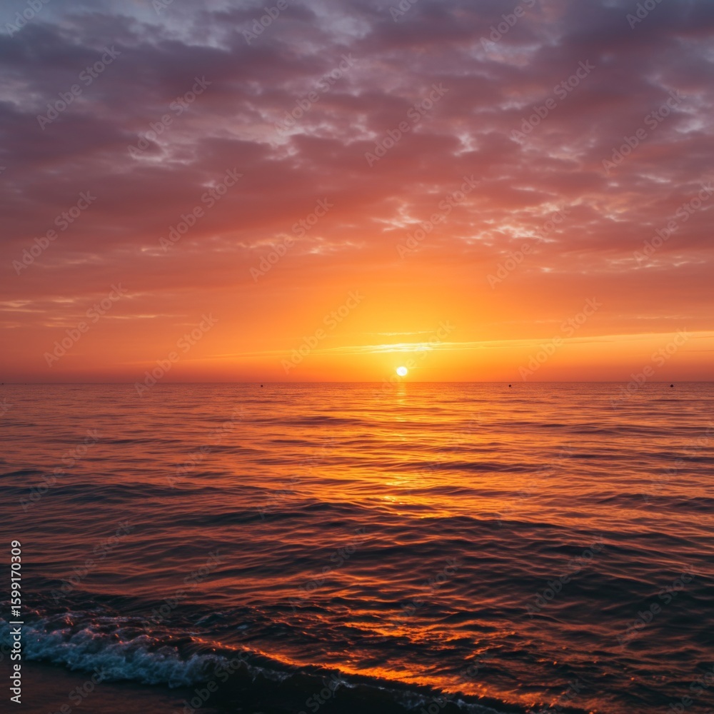 Fototapeta premium Vibrant Orange Sunset Over Calm Ocean Water