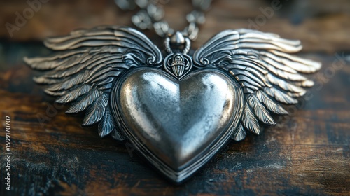 Antique Silver Heart with Wings Pendant on Weathered Wooden Surface