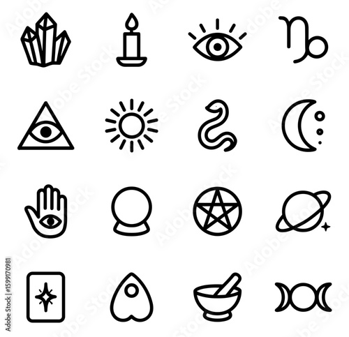 Simple Line Art Occult and Mystical Symbol with a White Background Icon Set