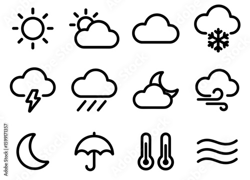 Minimalist Outline Weather Condition Forecast and Climate Change Icon Set