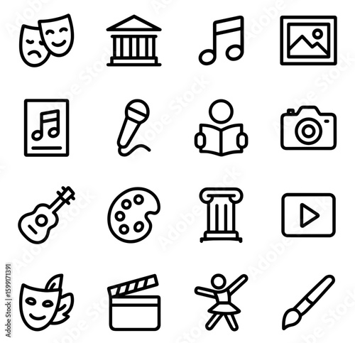 Simple Line Art Cultural and Artistic Items Icon Set Collection