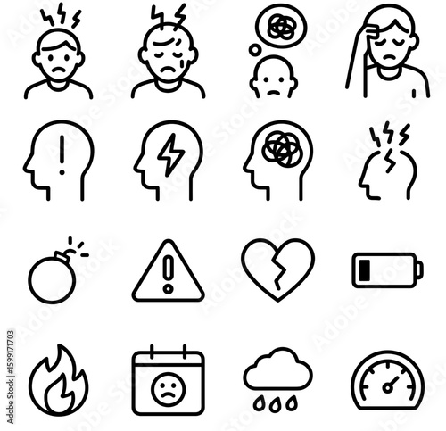 Minimalist Outline Style Mental Health And Psychological Condition Icon Collection