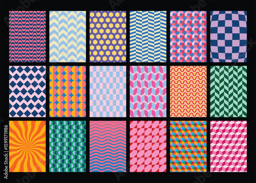 Collection of colorful repeat patterns with diverse basic shapes and playful color palettes, perfect for 5x7 aspect ratio card, poster, cover, branding design. Vector illustration. 