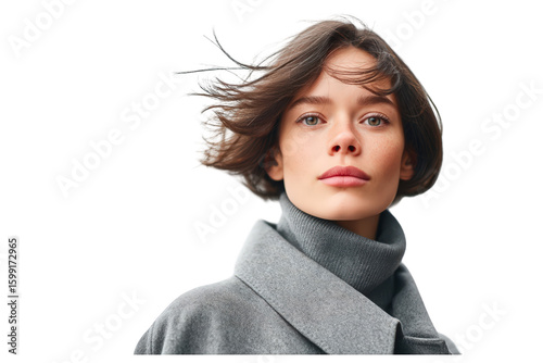 Wallpaper Mural Portrait of a young woman with short brown hair blowing in the wind, wearing a grey turtleneck and coat, against a white background. Torontodigital.ca
