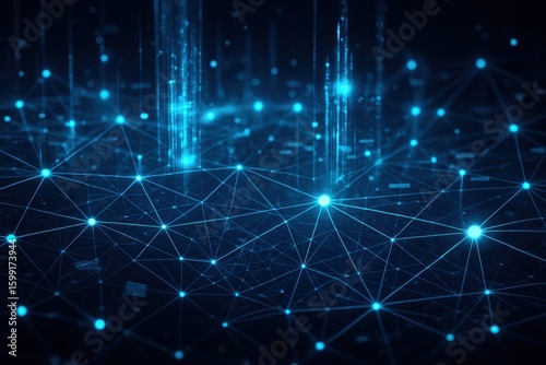 Holographic Digital Mesh Network with Flowing Data Streams and Geometric Grid Patterns