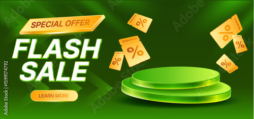 3d flash sale banner template with podium or stage and golden coupons flying around, isolated on green background. Flash sale discount voucher banner in 3d vector. Vector illustration