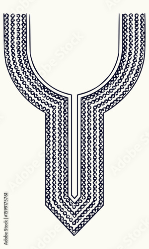 Detailed black and white illustration of a stylized embroidered neckline design for clothing item