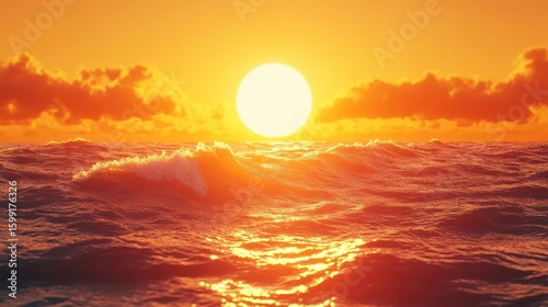 Spectacular ocean sunset casting a warm orange glow across the wave filled horizon