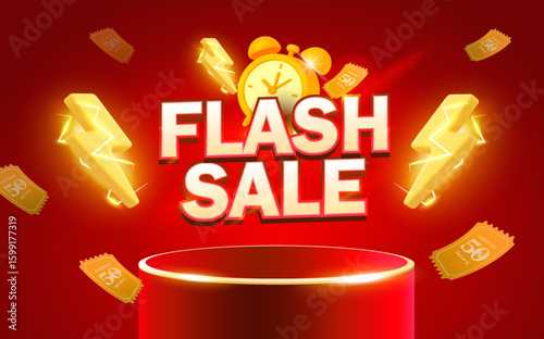 3d Flash sale banner template with lightning bolt, alarm clock, coupons flying around a red podium or stage, isolated on red background. 3d discount banner in vector illustration. Vector illustration