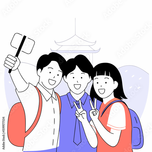 Group selfie to capture memories of a fun school trip, graduation trip, picnic, or field trip
