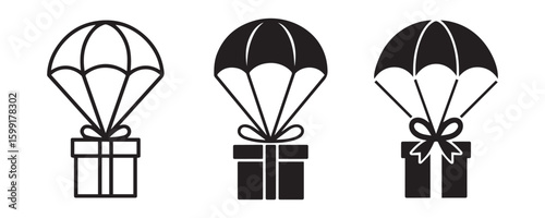 Gift box with ribbon flying from sky perfect for airmail delivery outline and silhouette