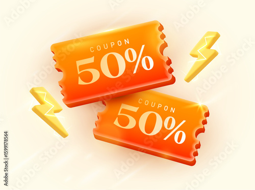 3d orange coupons with lightning bolt icons, isolated on white background. Flash sale gift voucher icon in 3 vector. Vector illustration