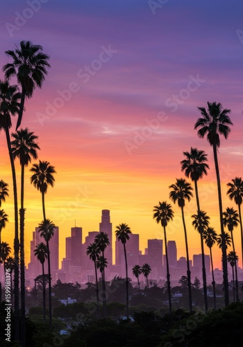 Vibrant Sunset Cityscape with Silhouetted Palm Trees