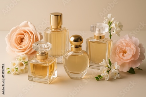 Sophisticated perfume collection featuring crystal bottles with floral elements for luxury fragrance marketing campaign
