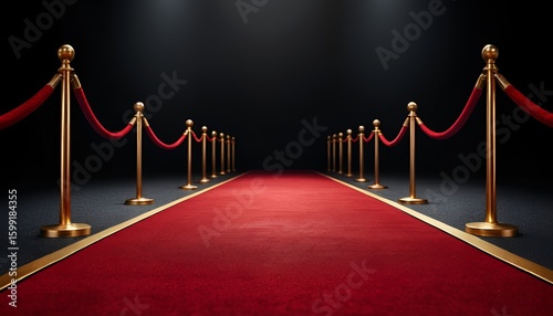 Elegant red carpet unfurls in the spotlight, inviting glamour and anticipation on a dark background.