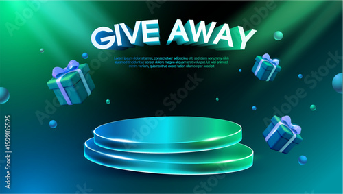 3d give away sale podium banner template with gift boxes flying around, isolated on background with spotlight effect on stage. Discount banner template in 3d vector. Vector illustration