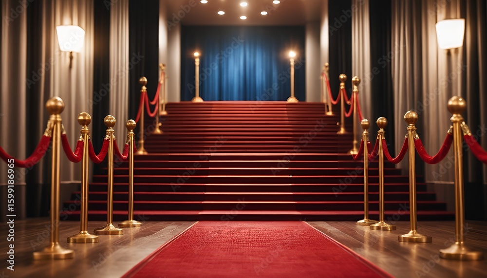 Obraz premium Opulent red carpet leads to a grand staircase, evoking a sense of arrival and anticipation.
