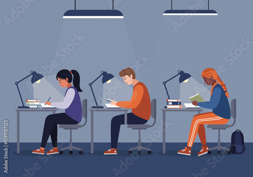 Three students studying intently at desks, illuminated by desk lamps, in a dimly lit room.