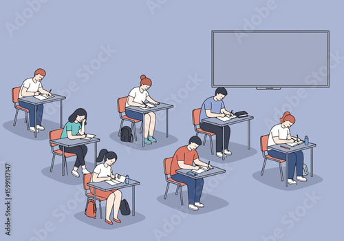 A stylized illustration of students focused on their desks in a classroom.