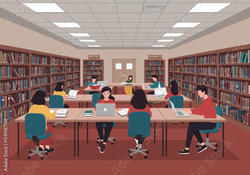 Students engrossed in study within a well-lit library, surrounded by bookshelves.